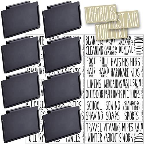 Talented Kitchen 8 Black Clip Label Holders with 70 Household Labels. Home Organization for Baskets & Bins. Removable Metal Clips. 70 All Caps White Home & Storage Stickers (Black Clip/White Label)