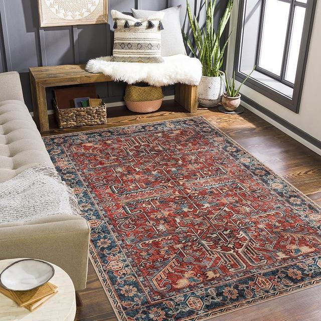Valenrug Washable Rug 3x5 - Ultra-Thin Antique Collection Area Rug, Stain Resistant Rugs for Living Room Bedroom, Distressed Vintage Rug(Red, 3'x5')