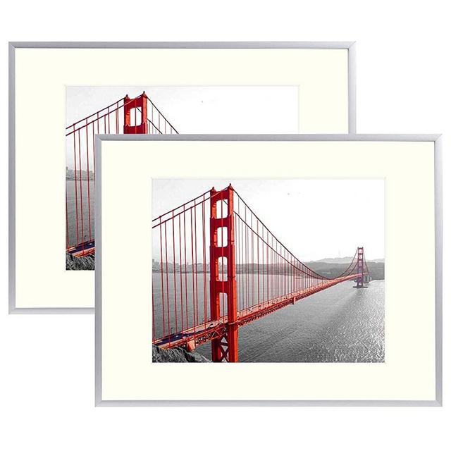 Frametory, Aluminum Frame Includes Ivory Mat for Picture Wall Display, Sawtooth Hanger, Swivel Tabs, Spring Clips - Great for Photos, Artworks, Posters (Silver, 11x14 Frame for 8x10 Picture, 2-Pack)