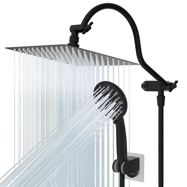 Hibbent All Metal Shower Head, 8'' High Pressure Rainfall Shower Head, Handheld Showerhead Combo with 12'' Adjustable Curved Extension Arm, 7-Spray, 71'' Hose, Adhesive Showerhead Holder, Matte Black