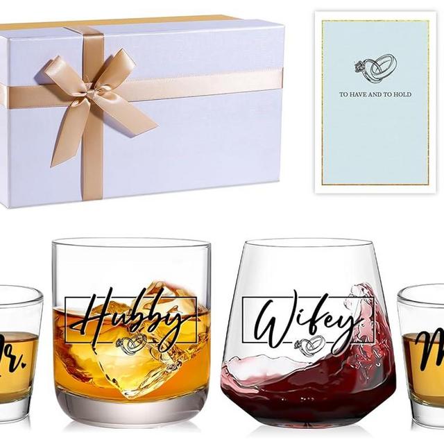 JOVGANK Wedding Gifts for Couples, Bridal Shower Gifts, Mr and Mrs Gifts, Drinking Glasses, Engagement Gifts for Bride and Groom, Husband and Wife Newlywed Marriage Gifts, Mr & Mrs Drink Glasses