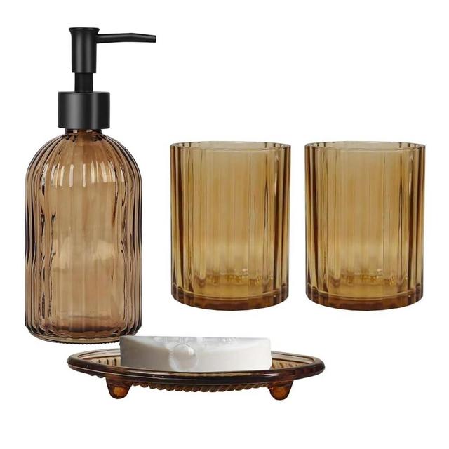 Amber Glass Bathroom Accessories Set, 4Pcs Bathroom Set with Soap Dispenser, Toothbrush Holder, Mouthwash Cup & Soap Dish, Sleek Organizer for Contemporary Home/Hotel Decor, Countertop Vanity Organize