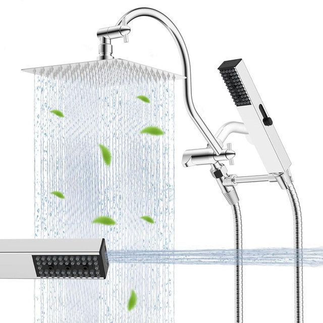 Hibbent All Metal cUPC Certified Shower Head, 10'' High Pressure Rainfall Shower Head, Showerhead Combo, Handheld Shower Wand, 12'' Adjustable Extension Arm, 4-Spray, 71'' Hose, Shower Holder, Chrome