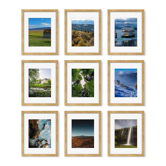 YESKAY 11x14 Picture Frame Set of 9, Photo Gallery Wall Frame Set, Display Pictures 8x10 with Mat or 11 x 14 Without Mat, Multi Photo Frames for Wall Mounting or Table Top Display, Natural Oak