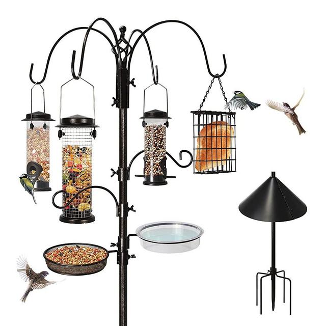 Ointo Garden 6-Hook Bird Feeding Station Kit，Bird Feeder Pole Bird Feeder Stand Feeder Hanging Kit & Bird Bath for Attracting Wild Birds with Squirrel Proof Baffle Guard