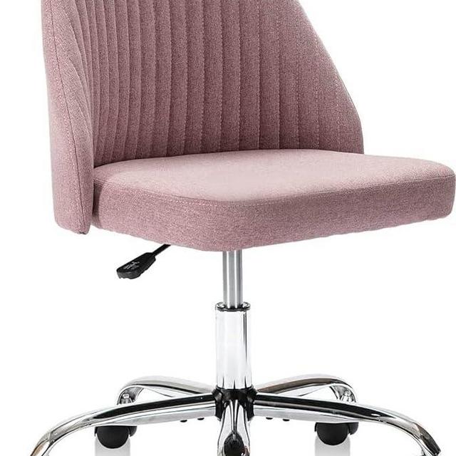 HOMEFLA Home Office Modern Linen Swivel Task Upholstered Fabric Desk Chair Armless with Wheels, Middle, Pink