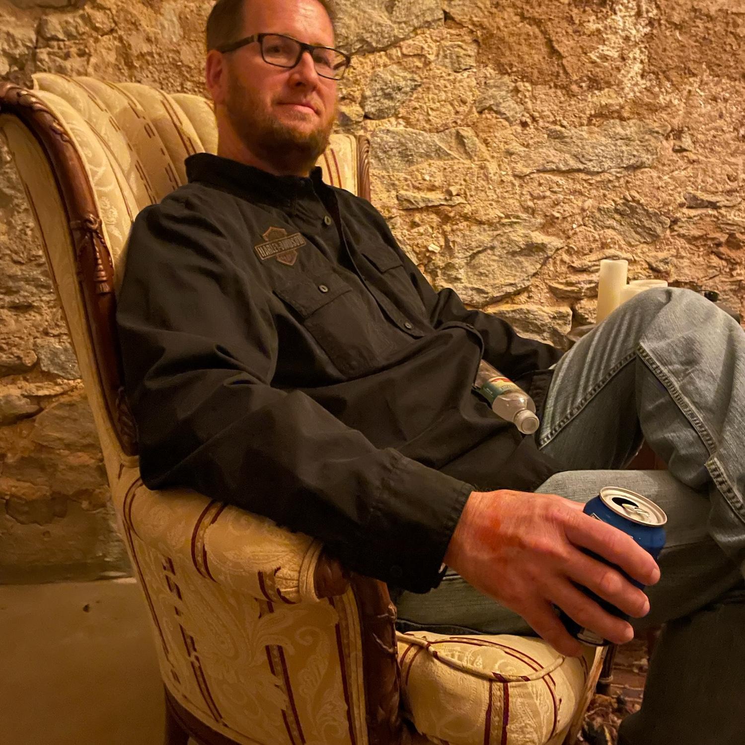 Clark enjoying a seat at the Eastern State Penitentiary in Philadelphia, Pennsylvania.