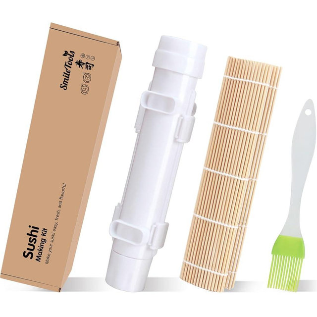 SmileTools Sushi Making Kit, Sushi Roller, Sushi Bazooka, Sushi Maker, Bamboo Sushi Rolling Mat For Beginners (White)