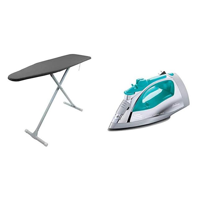 HOMZ Ironing Board T-Leg, Charcoal Grey & Sunbeam Steammaster Steam Iron | 1400 Watt Large Anti-Drip Nonstick Stainless Steel Iron with Steam Control and Retractable Cord, Chrome/Teal