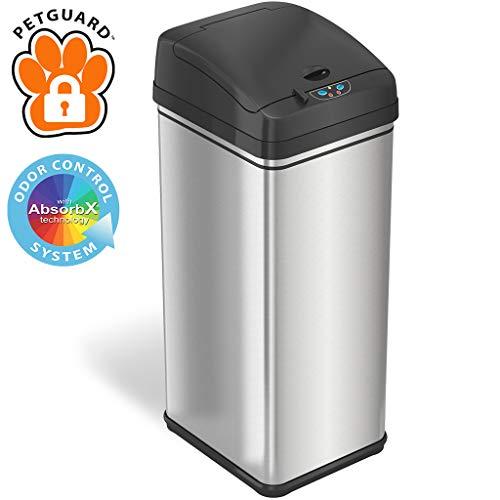 iTouchless 13 Gallon Pet-Proof Sensor Trash Can with AbsorbX Odor Filter and PetGuard, Stainless Steel Kitchen Garbage Bin Prevents Dogs & Cats Getting in, Battery and AC Adapter (Not Included)