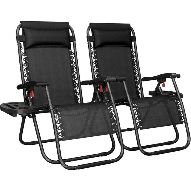 Yaheetech 26" Zero Gravity Recliners Outdoor Adjustable Folding Reclining Lounge Chairs w/Pillows, Cup Holder Trays and Carry Strap for Patio Backyard Beach New Black Set of 2