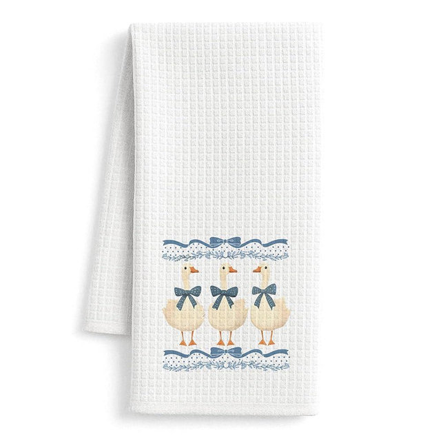 FISWAFY Blue Coquette Bow Goose Kitchen Towels, Preppy Blue Floral Ribbon Silly Goose Dish Tea Towels for Kitchen Decor, Rustic Farm Animal Decorative Hand Towels for Bathroom, 16x24 Inch