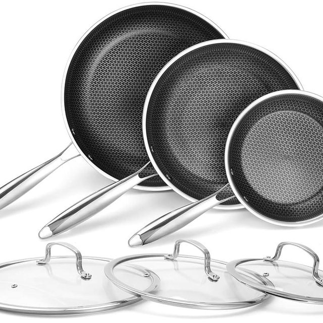 Non Stick Frying Pans Set 8, 10, and 12 Inch 6 Pcs Skillet with Tempered Glass Lids, Stay-cooling Handle, PFOA Free Non Toxic Dishwash & Oven Safe Kithchen Cookware Set Compatible All Cooktops