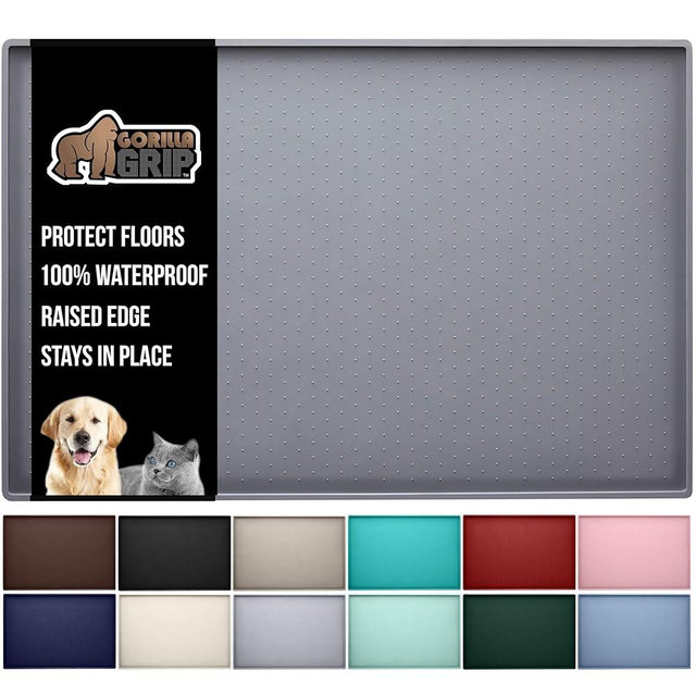 GORILLA GRIP 100% Waterproof Raised Edge BPA Free Silicone Pet Feeding Mat, Dog Cat Food Mats Contain Spills Protects Floors, Placemats for Cats and Dogs Water Bowl, Pets Accessories 18x12 Gray
