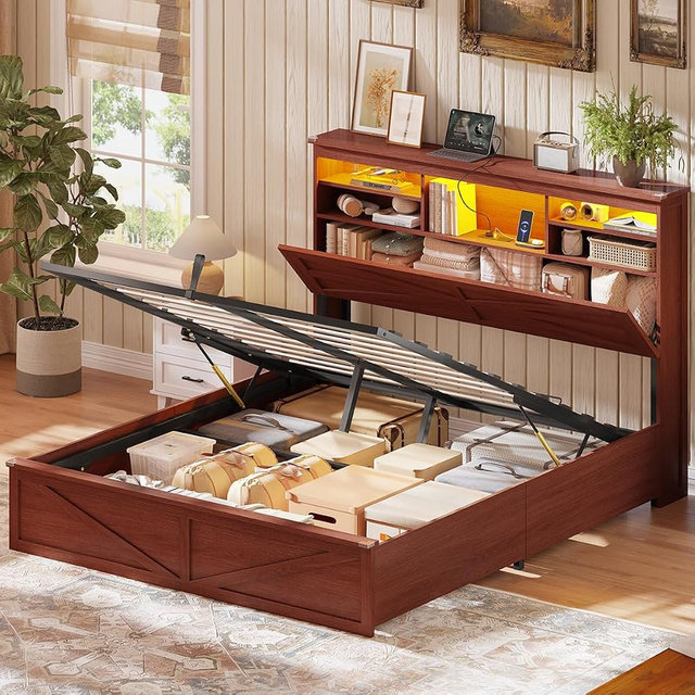 AOGLLATI Farmhouse Bed Frame Queen Size with Lift Up Storage & Hidden Bookcase Storage Headboard, Wooden Queen Bed Frame with Charging Station, Led Lights, No Box Spring Needed, Brown