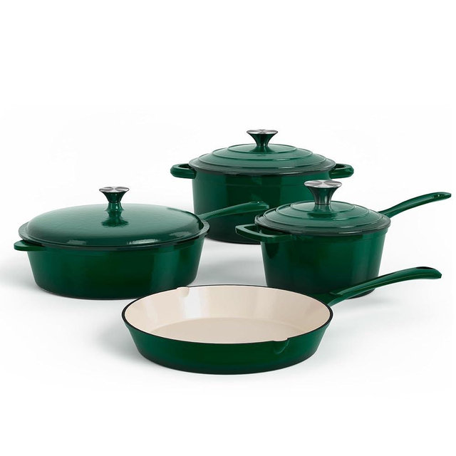 DishDelight Enameled Cast Iron Cookware Set, 7 Piece Set of Dutch Ovens, Sauce Pan, Skillet, 3 Lids, Ceramic Coated Cast Iron Dutch Oven Set, Round Dutch Oven Pot for Sourdough Bread Baking, Green