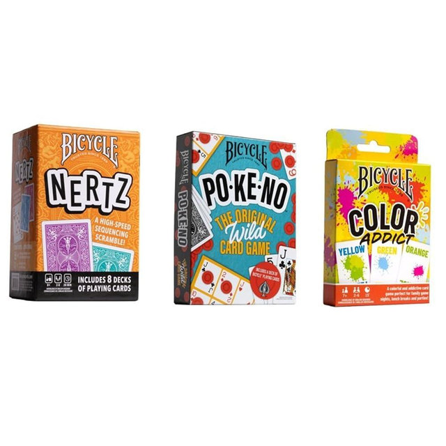 Bicycle Games Bundle - Nertz, Pokeno, Color Addict - 3 Fast-Paced Family Game Night Playing Card Games for Kids and Adults