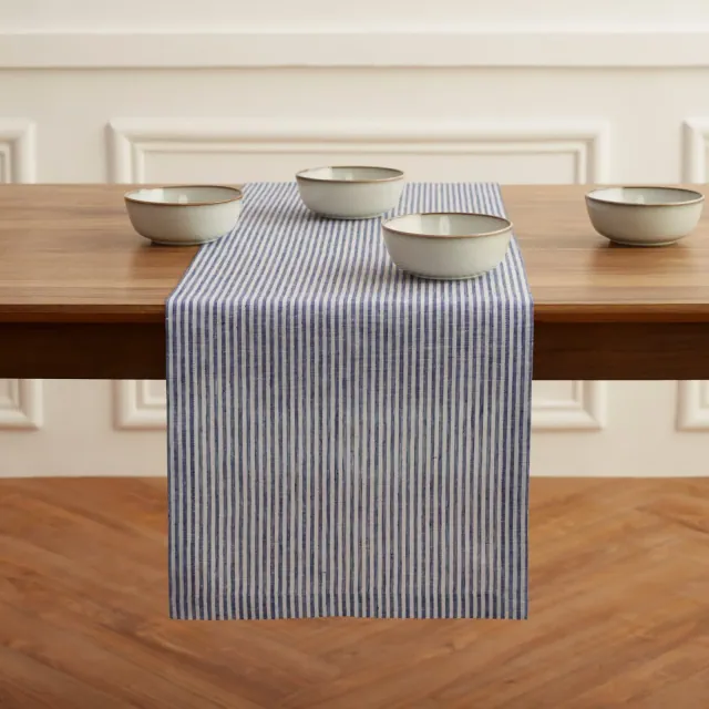 Solino Home Striped Linen Table Runner Navy and White 14 x 90 Inches - Narrow Stripe for Dining Table, Holiday and Everyday Table Decor
