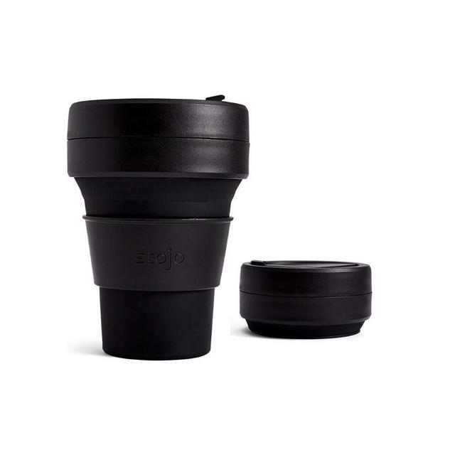 Stojo On The Go Coffee Cup | Pocket Size Collapsible Silicone Travel Cup- Ink Black , 12oz / 355ml | No Straw Included
