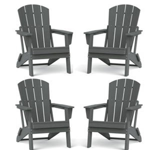 Folding Adirondack Chair Set of 4, Lightweight - Portable HDPE Patio Chair, All-Weather Space-Saving Foldable Fire Pit Seating for Camping, Backyard, Deck-Grey