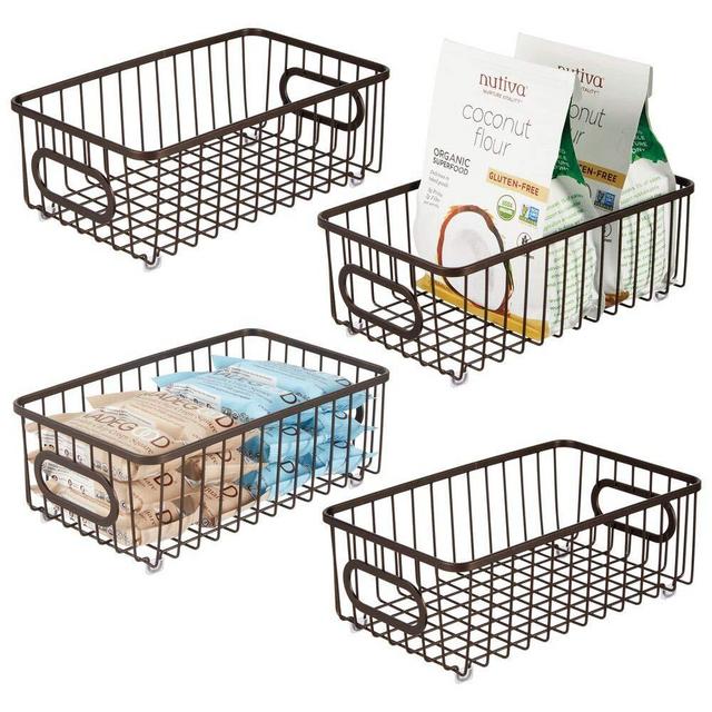 mDesign Metal Farmhouse Kitchen Pantry Food Storage Organizer Basket Bin - Wire Grid Design - for Cabinets, Cupboards, Shelves, Countertops, Closets, Bedroom, Bathroom - Small Wide, 4 Pack - Bronze