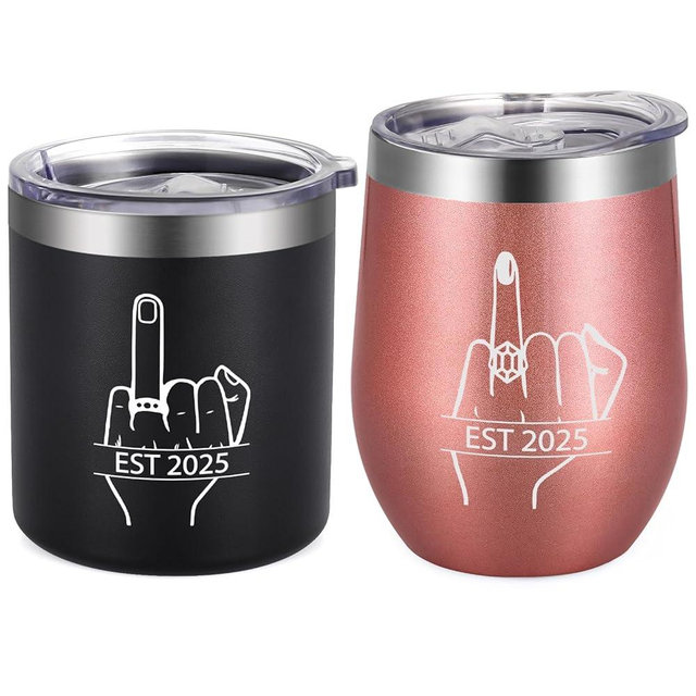Qtencas Ring Finger EST 2025 Stainless Steel Whiskey & Wine Tumbler Gifts Set, Wedding Gifts for Couple, Unique Engagement Gifts for Friends Mr Mrs His Her Just Married Gifts, 12oz Black & Rose Gold