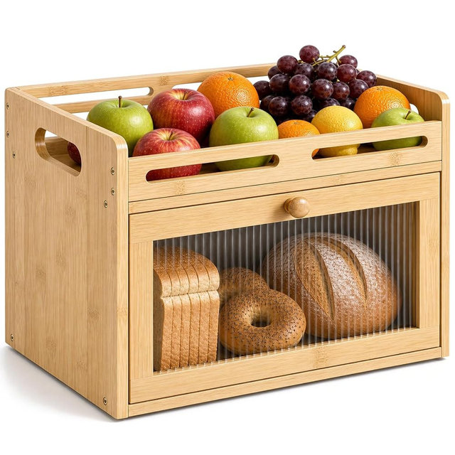 Coiesol Bread Box for Kitchen Countertop, Bamboo Bread Storage Container with Raised-Rail Top Shelf and Acrylic Window, Farmhouse Breadbox Organizer for Pantry, Fruit, Spices