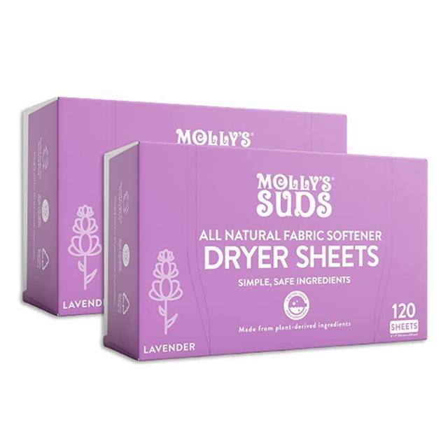 Molly's Suds All Natural Fabric Softener Dryer Sheets for Sensitive Skin | Compostable, Plant-Based Static Reducer, Bundle of 2, Lavender (240 Sheets Total)