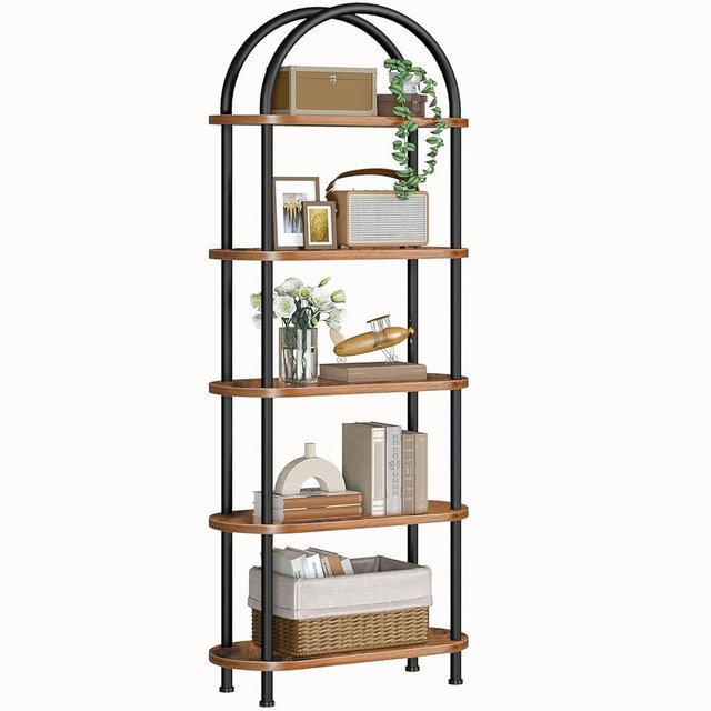 HOOBRO 5 Tier Open Bookshelf, Industrial Arched Bookcase Display Shelf Racks, Wooden Bookcase Storage Shelves Metal Frame, Tall Storage Organizer for Home, Easy Assembly, Rustic Brown BF176SJ01