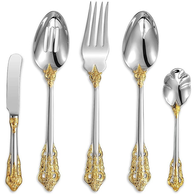 KEAWELL Gorgeous 5-Piece 18/10 Stainless Steel Hostess Serving Utensil Set, Dishwasher Safe, Gold Accent