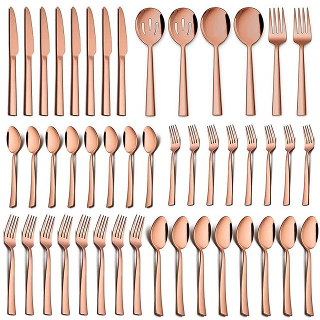Homikit 46-Piece Copper Silverware Set with Serving Utensils, Stainless Steel Square Flatware Cutlery Set for 8, Modern Home Restaurant Hotel Eating Utensils, Include Fork Spoon Knife, Dishwasher Safe