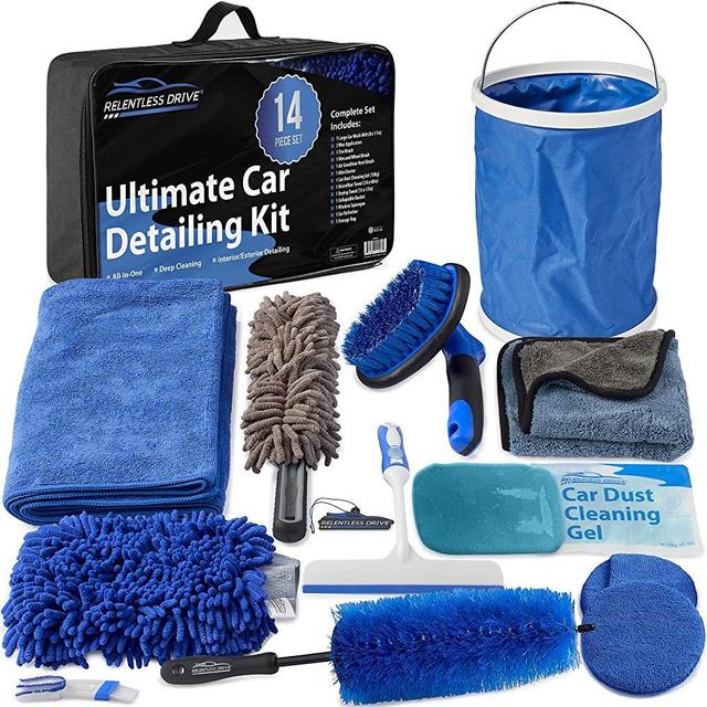 Relentless Drive Car Wash Kit, 14 Pcs Car Cleaning Kit for Exterior Car Cleaner & Car Interior Cleaner, The Ultimate Car Detailing Kit Designed to Last & Safe for All Surfaces