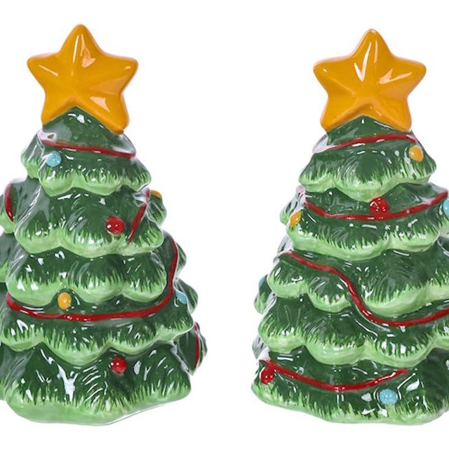 The Bridge Collection Christmas Tree Salt and Pepper Shakers - Festive Ceramic Salt & Pepper Shakers - Holiday Kitchen Tabletop Decor