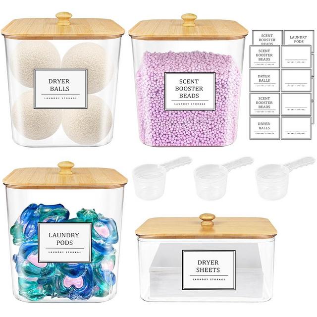 3+1 Pack Laundry Pods Container,Clear Laundry Room Organization Containers,Large Laundry Detergent Powder Storage Containers with Bamboo Lids & Labels,Laundry Pods Holder for Scent Booster,Powder,Pods