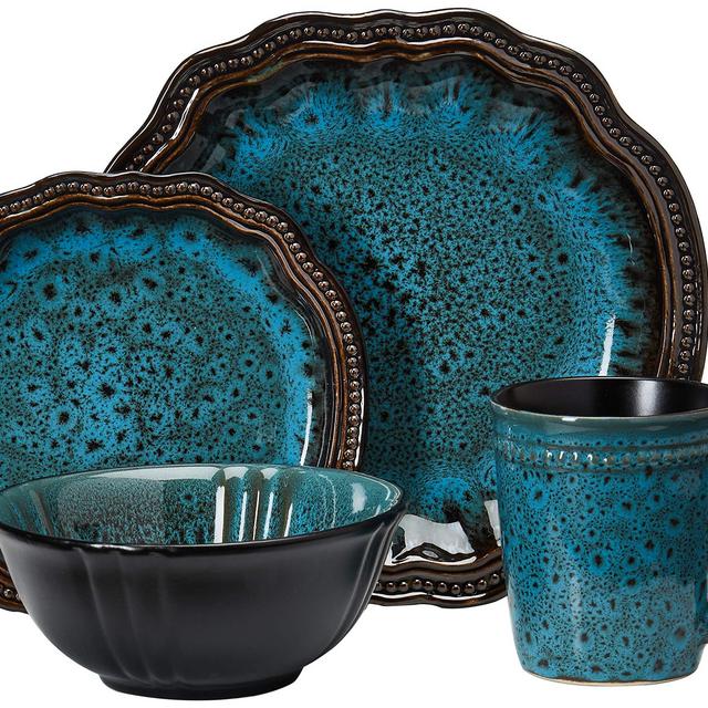 Elama Mystic Waves Round Oval Stoneware Fine Dining Dinnerware Dish Set, 16 Piece, Ocean Blue with Brown Accents