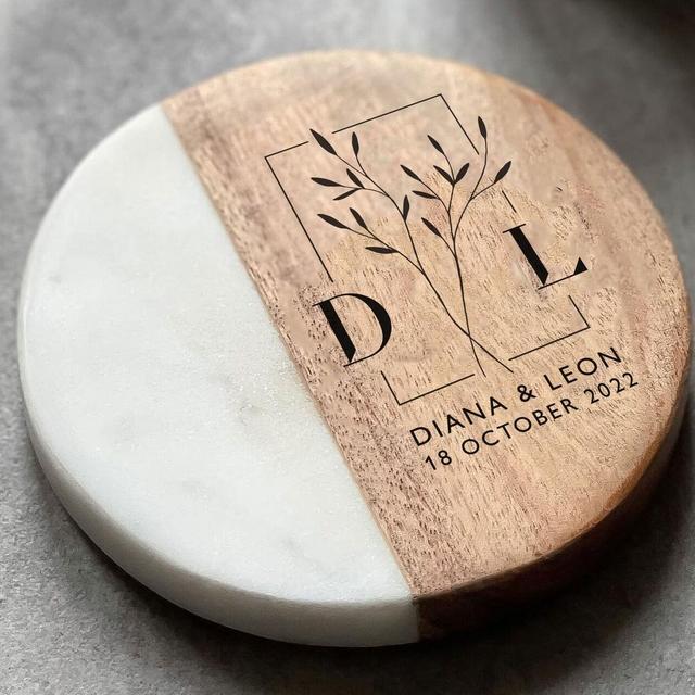 Personalised Marble/Acacia Wood Coaster (Inc Gift Box) | Wedding Gift | Personalized | Engagement Gift | New Home | 5th Anniversary Gift