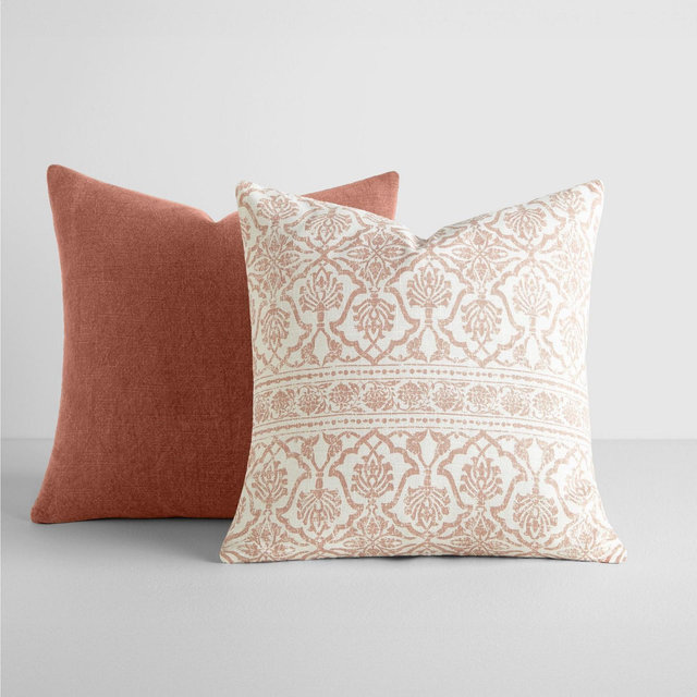 2-Pack Cotton Slub Terracotta Antique Floral Throw Pillows and Pillow Inserts Set - Becky Cameron, Antique Floral Terracotta