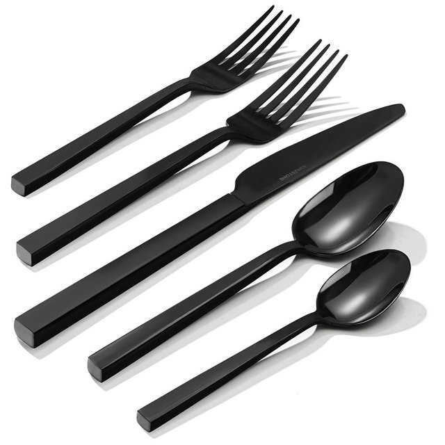 KINGSTONE Black Silverware Set, 60-Piece Flatware Cutlery Set Premium Stainless Steel, Service for 12, for Kitchen, Home, Wedding, Party, Mirror Polished and Dishwasher Safe