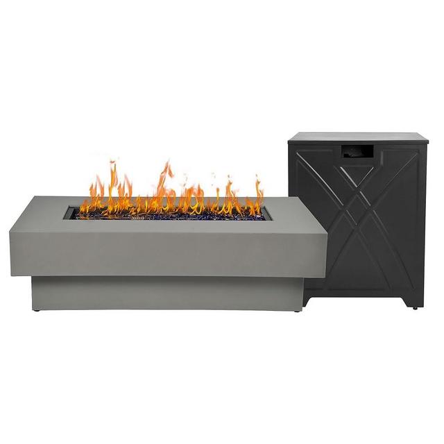 BAIDE HOME 48-inch Fire Table with 20lb Propane Tank Cover, 50,000BTU Outdoor Modern Patio Fire Pit Table w/Rectangular Burner Lid, Glass Rocks, Pre-Attached 10ft External Gas Hose
