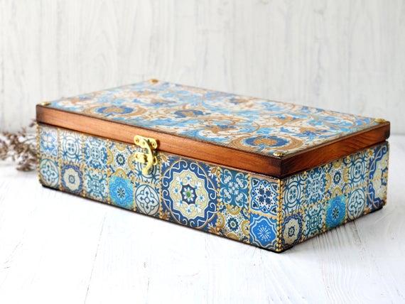 Tea Box Azulejos Portugueses Tiles Style, 8 compartment tea box ,MADE TO ORDER