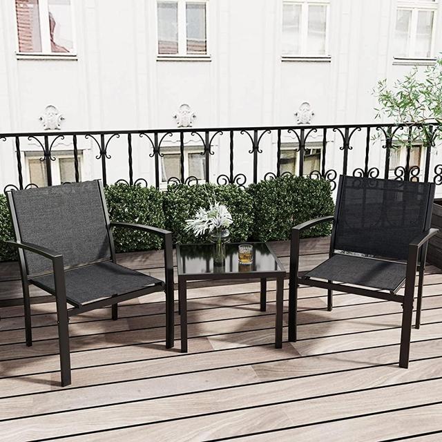 Greesum GS-LCT8430 3 Pieces Patio Furniture Set Outdoor Conversation Textilene Fabric Chairs for Lawn, Garden, Balcony, Poolside with A Glass Coffee Table, Black