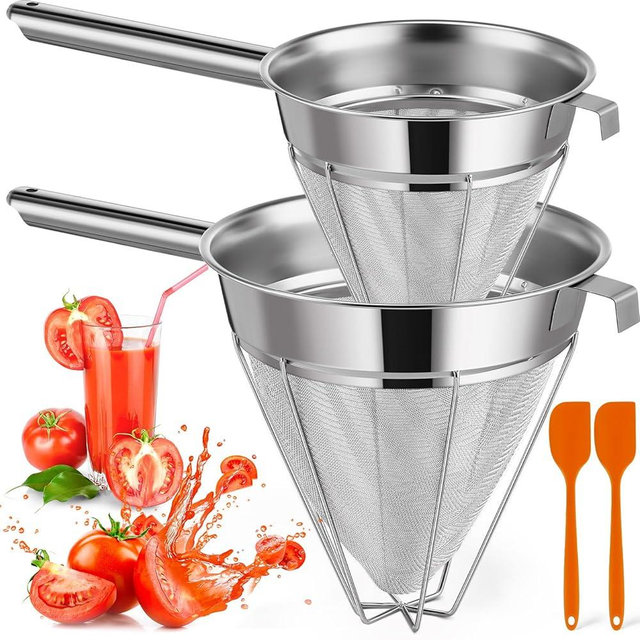 Nuogo 2 Set Stainless Steel Chinois Strainer Fine Mesh Metal Food Bouillon Sieve Strainer Cone Fine Mesh Strainer with Handle and Silicone Spatula for Sauce Jam Jelly Tea(10 Inch+8 Inch)