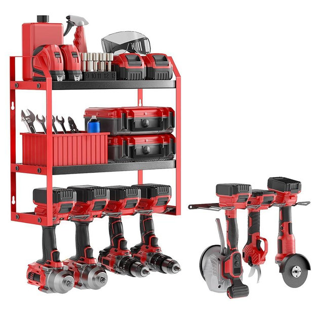 Ferreteriai Power Tool Organizer Wall Mount with Extra Drill Holder, Red & Black Garage Storage Combo with Battery Storage, 4 Drill Slots Total, Heavy Duty Steel Tool Rack for Workshop Garage