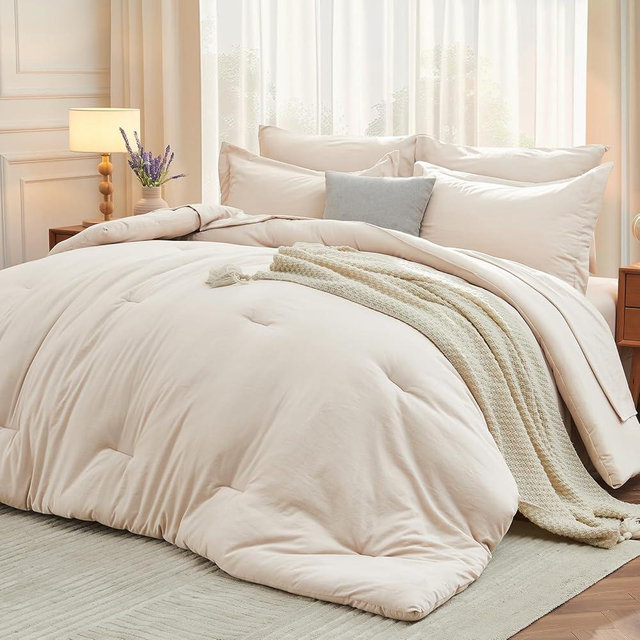 MUXHOMO 7 Pieces Full Comforter Set, Soft Bed in a Bag Full Size, All Season Bedding Set with Comforter, Flat Sheet, Fitted Sheet, Pillowcases & Shams, Beige