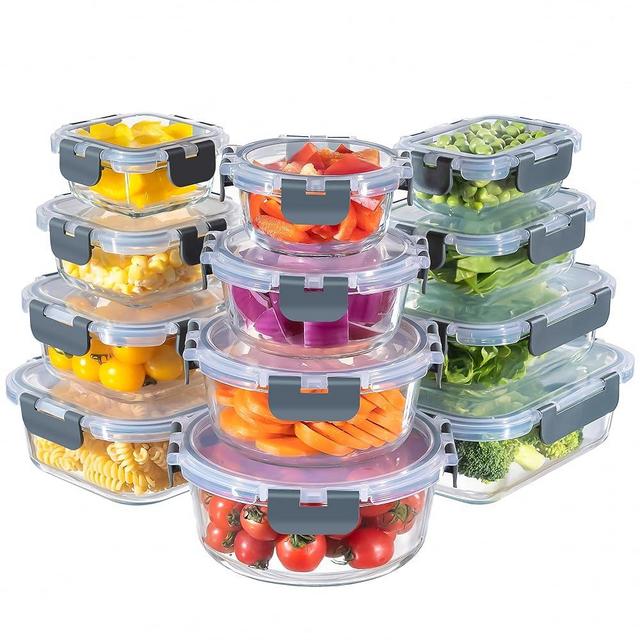 MFY 12-Pack Glass Storage Containers with Lids, Glass Meal Prep Containers Set, Airtight Glass Lunch Containers with Lids, Microwave, Oven, Freezer and Dishwasher Safe, Gray