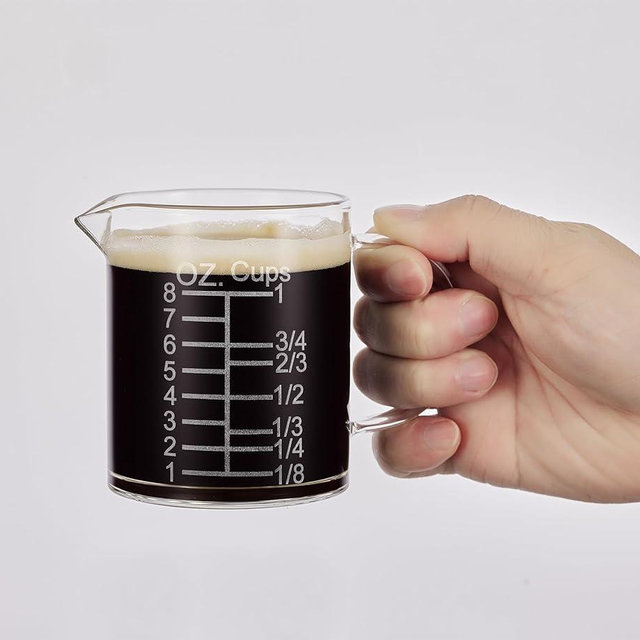 Ackers Etched Graduated Glass Measuring Cup - [Insulated Handle | V-Shaped Spout] - High Borosilicate Glass Measuring Cup for Kitchen or Dining, Easy to Read, 250ml (8oz, 1 Cup)