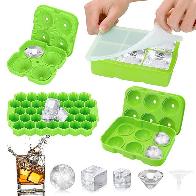 Ice Cube Tray,Silicone Ice Cube Molds for Freezer with Lid (Set of 4) - Sphere Ice Ball, Large Square, Diamond Cut & Hexagonal Shapes Ice Maker for Whiskey,Reusable and BPA Free