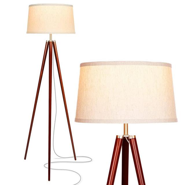 Brightech Emma LED Tripod Floor Lamp – Mid Century Modern Standing Light for Contemporary Living Rooms - Tall Survey Lamp with Wood Legs for Bedroom, Office - Walnut Brown