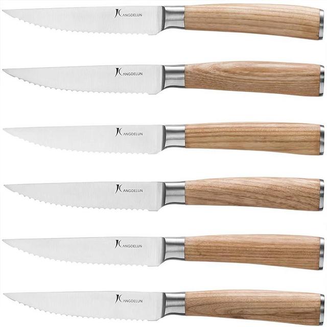 kangdelun Natura Series 4.5” Serrated Steak Knife Set of 6, High Carbon Stainless Steel, Yellow Wooden Handle