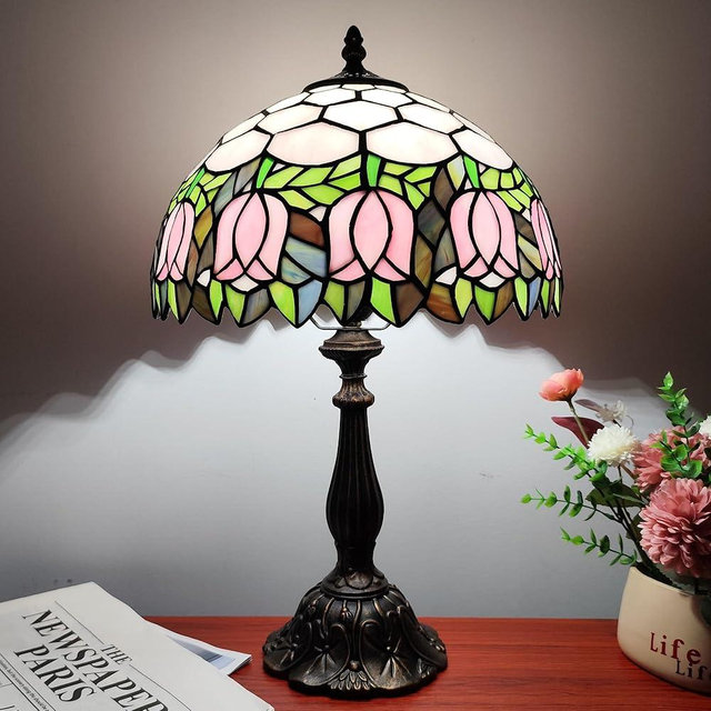 XPHMXP Tiffany Table Lamp 3-Color Light Stained Glass Lamp Tiffany Style Vintage Beside Reading Lamp 12 inch Living Room Light Flowers Style Antique Nightstand Light (Pink Tulip)